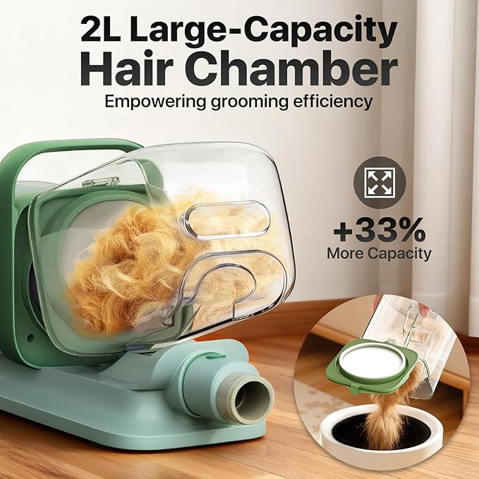 buenkee Dog Grooming Kit with Vacuum, 15000Pa Pet Hair Clipper and Shedding Brush, 50dB Low Noise, 2L Capacity, Green