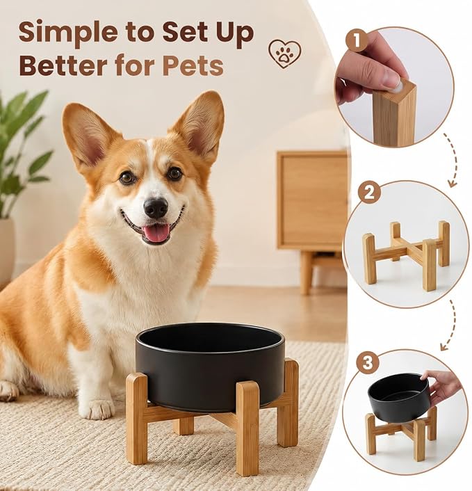 hjn Elevated Ceramic Dog Bowl with Bamboo Stand, Raised Pet Feeding Station for Small Medium Dogs Cats, Modern Design with Anti-Slip Base (Black, 3.6Cup)