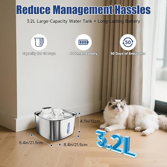 Pawinner Cat Water Fountain Cordless with 2 Filters & 2 Sponges, 108oz/3.2L Wireless Pet Water Fountains for Cats, Ultra Quiet Pump, Battery Operated Cat Drinking Fountain with Motion Sensor
