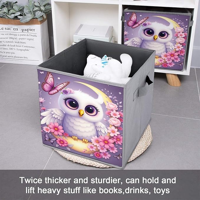 Purple Owl Flower Moon Butterfly Foldable Storage Bins, 10.6" Cube Storage Organizer, Sturdy Oxford Cloth Fabric Baskets for Closet, Shelf, Nursery, Bedroom, Decorative Printed Box for Toys & Clothes