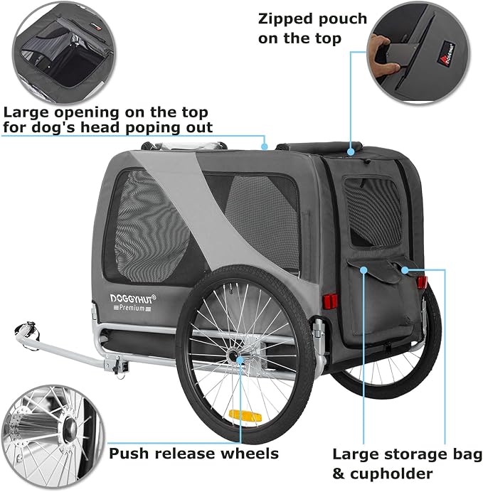 DOGGYHUT® Premium X Large Pet Bike Trailer Up to 100 lbs (Gray) | Bicycle Trailer for Small Medium or Large Dogs, Dog Bicycle Carrier, Low Center of Gravity, Folding Frame Cart