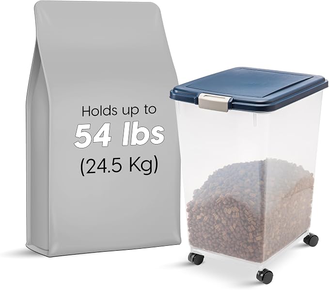 IRIS USA Dog Food Storage Container, Up to 54 lbs, Navy, Made in USA | Wheels for Mobility, Airtight Seal, BPA-Free, Best for Bird Seed, Cat food, Cat Litter, Chicken Feed, Pellets