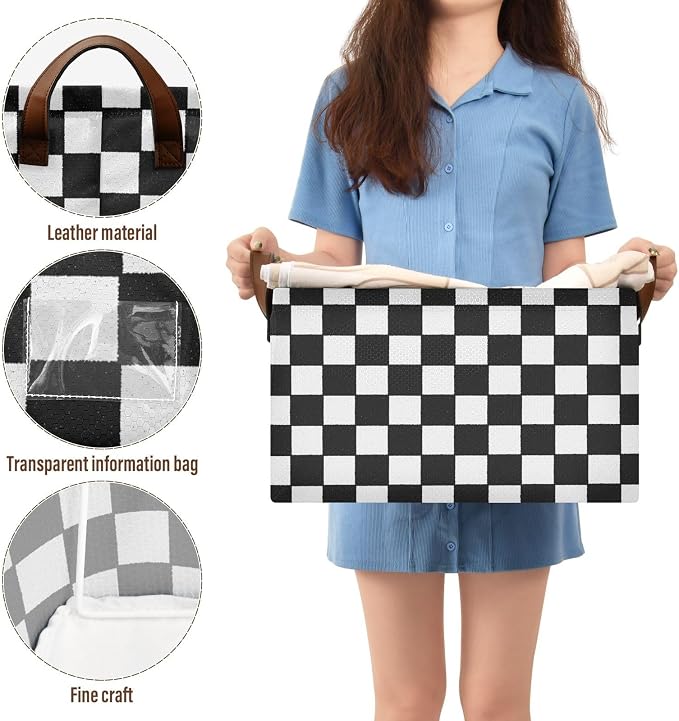 Black and White Checkered PlaidStorage Bins for Shelves with Labels&Handles Fabric Organizer Bin Foldable Rectangle Storage Basket Boxes for Closet, Bathroom, Home, Living Room, 2 Pack