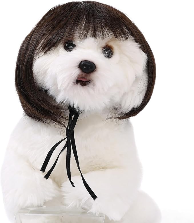 Cute Dog Wig for Small Dogs & Cat, Funny Pet Wigs Headband with Elastic Bands, 7 Inch Adjustable Dog Cat Costume Accessory for Halloween, Christmas & Cosplay (Black)