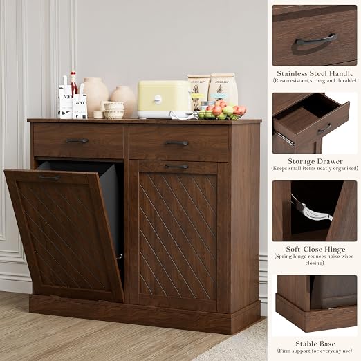 njnj 26 Gallons Double Tilt Out Trash Can Cabinet, 2x13 Gallons Hidden Kitchen Trash Cabinet with Storage Drawers, Pet Proof Hidden Garbage Can for Kitchen, Laundry Room, Bathroom Wood Brown