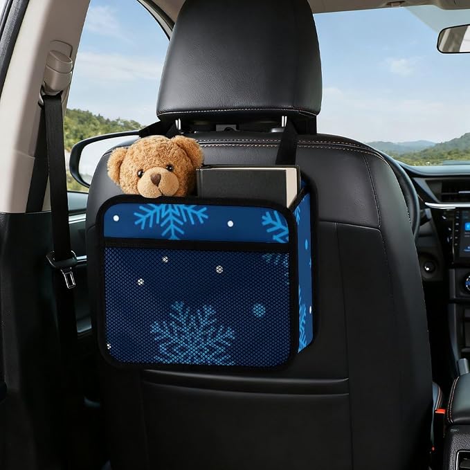 Car Back Seat Organizer Auto Headrest Backseat Storage Bag, Christmas | Snowflake Blue, Vehicle Trash Bag Can with Mesh Pocket, Waterproof Pu Leather Interior Accessories