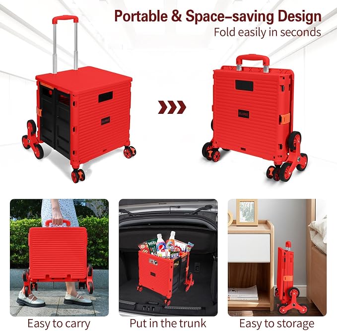 Foldable Utility Cart Collapsible Crate Rolling Carts with Stair Climbing Wheels Rolling Tote Basket Teacher Cart with Lid Wear-Resistant 360°Rotate Wheel Noiseless for Shopping Grocery Office