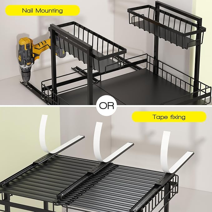 NADAMOO Expandable Under Sink Organizer, 2-Tier Pull Out Cabinet Organizer | Expandable Width, 3-Level Height Adjustment, Metal Storage Rack with 3 Slide Rails for Kitchen Bathroom Laundry, Black
