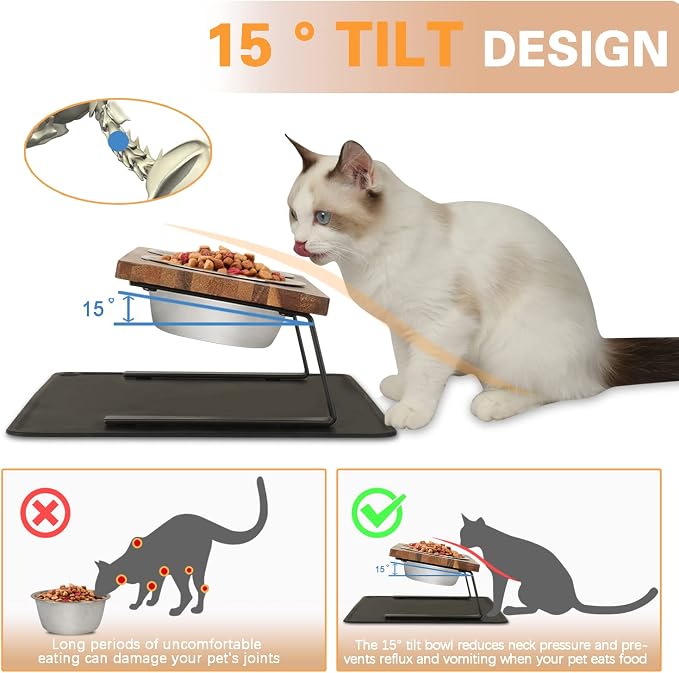 Aivituvin Elevated Dog Bowls, 15°Tilted Raised Cat Food Bowl, Walnut Wood Water Stand Feeder Set for Cats and Puppy, Pet Bowls with Anti Slip Mat(Small)