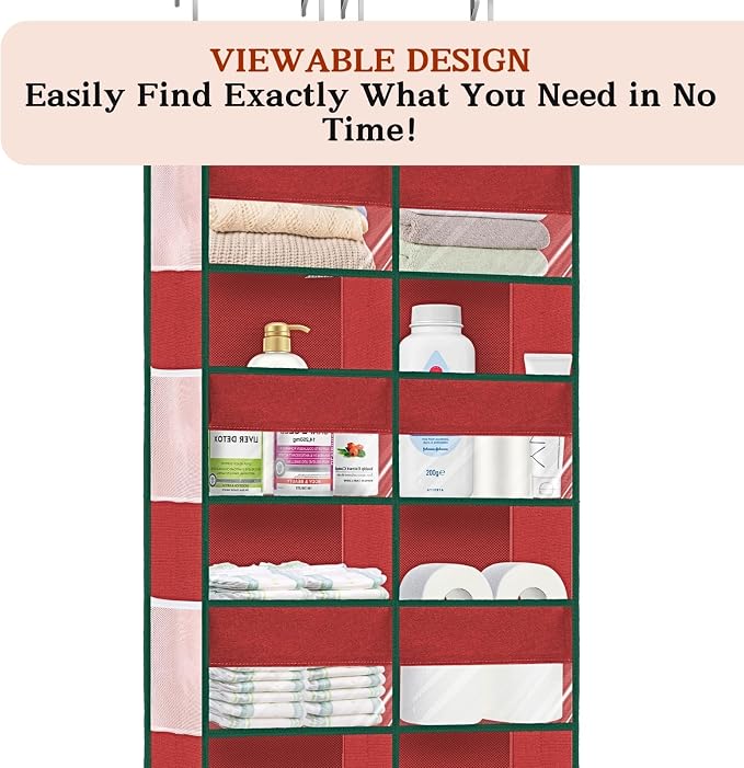 Over The Door Organizer 5 Tiers Extra Large Behind Door Storage of 10 | 80 lbs Weight Capacity Hanging Storage Organizer with Clear Window Kids Toys, Shoes, Diapers, Red