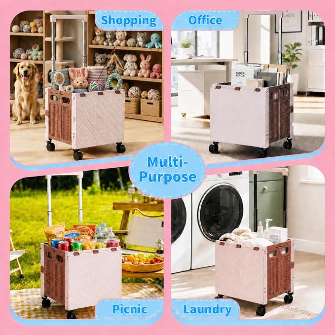 Foldable Shopping Cart with Wheels: Cat-Style Rolling Utility Crate | Adjustable Handle, Clear Window, All-Terrain Wheels, Grocery Trolley for Teacher, Market, Office, Luggage, Laundry, Garden