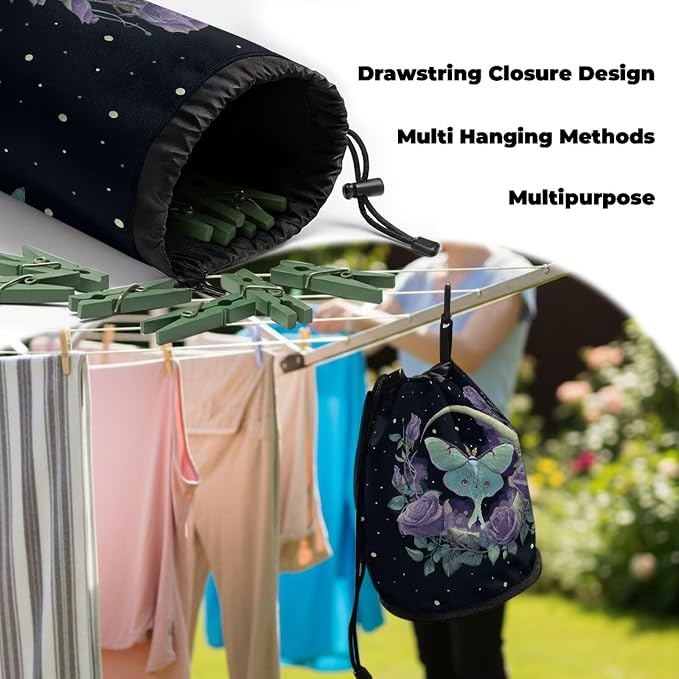Clothespin Bag Holder Outside, Starry Night Moon Rose Multiple Hanging Methods Clothes Pin Bag with Drawstring Closure, Ventilation Clothespin Storage Organizer with Hooks