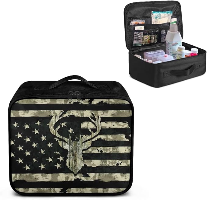 Rnyleeg Wood American Flag Deer First Aid Bag Empty First Aid Kit for Men First Responder Bag Empty Emergency Medical Supplies for Hiking