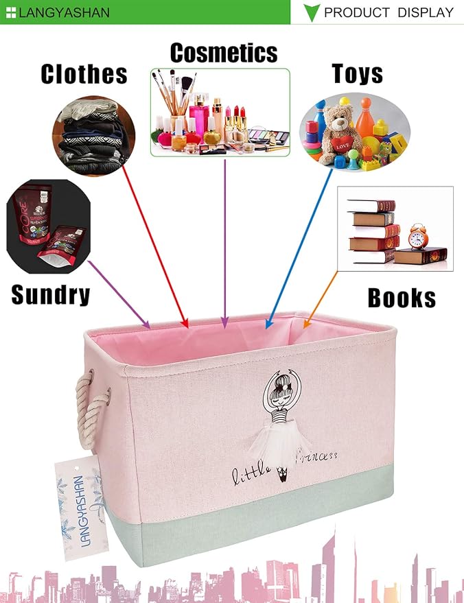 Rectangular Thick Pink Storage Bin Household for Closet Kitchen Office Girl | Foldable Space Saving Canvas Fabric Laundry Hamper with Handles Organizer for Boys and Girls Bedroom Shelf Gifts Baskets
