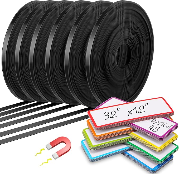 Tellegloww 6 Rolls 1/4" Magnetic Whiteboard Tape Set 33ft Magnetic Tape Roll Thin Strips Borders for Classroom Whiteboard with 48pcs Dry Erase Label for Classroom School Office Home Students (Black)