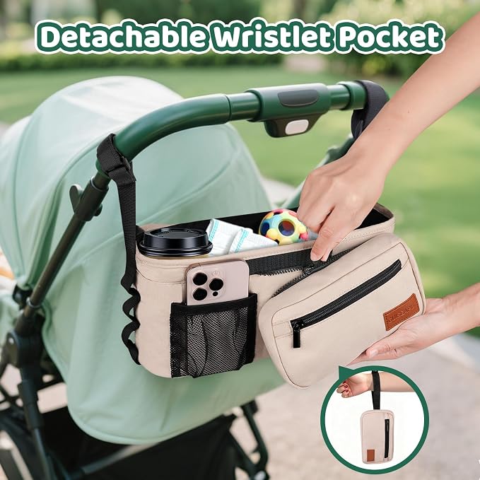 Universal Stroller Organizer with Cup Holder: Non Slip Strap Stroller Caddy | Stroller Bag with Detachable Phone Bag, Fits for Uppababy, Baby Jogger Stroller Accessories, Christmas New Moms Baby Gifts