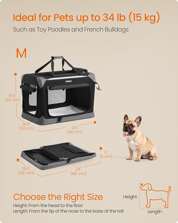Feandrea Collapsible Dog Crate, Portable Oxford Fabric Pet Travel Crate with 4 Mesh Doors, Handles, Pocket, 24 Inches, for Small Dogs, Ink Black and Dove Gray UPDC026BH01
