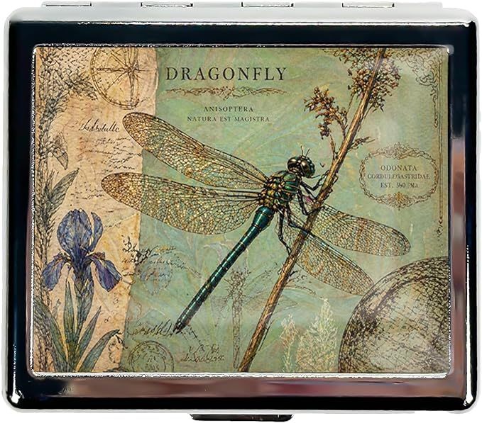 Weekly Pill Organizer with Mirror, 8 Compartments Chrome Pill Box, Portable Travel Medication Organizer for Vitamins and Supplements, Compact Pocket Pill Case for Daily Use (Dragonfly)