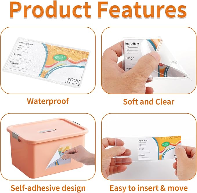 Storage Bin Labels, 2×3.5 in Index Card Holder, Clear Adhesive Pockets | 44 Pcs, Strong Adhesive, Waterproof & Clear, Removable with No Residue, for Tote Box Drawer, Library Classroom Organization