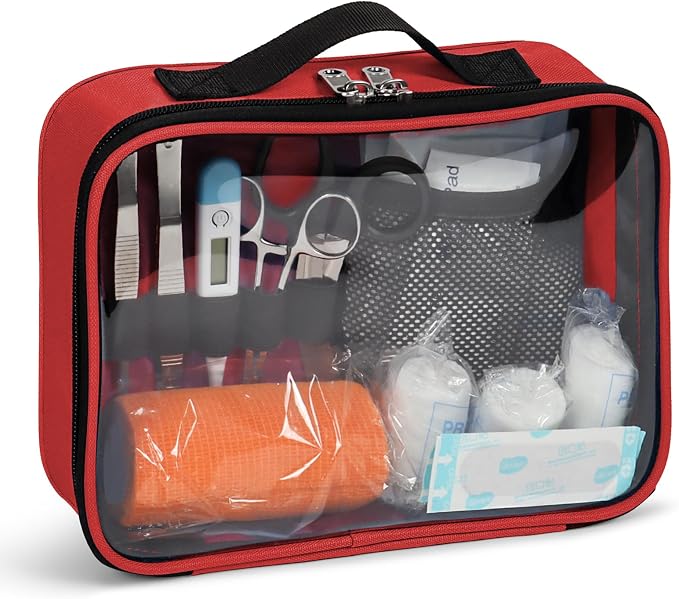 Empty First Aid Bag Clear PVC Waterproof Organizer Pouch Zipper Colored First Aid Kit for EMT Outdoor Travel (Red)