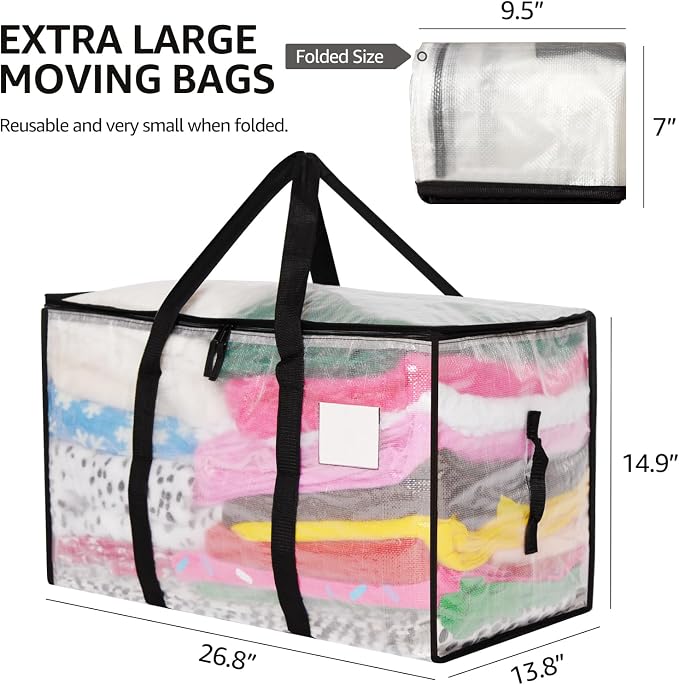 Moving Bags Heavy Duty Extra Large, Alternative for Moving Boxes & Moving Supplies,Clear Storage Bins with Lids, Plastic Packing Tote, Storage Bags for Clothes with Handles & Zippers(Clear, 4Pack)