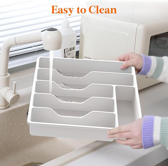 Lifewit Silverware Organizer with Lid, Covered Utensil Tray, 12.6x11.8 | Plastic Cutlery Storage Box for Kitchen Drawer and Countertop, Flatware Case Holder for Spoons Forks Knives, White