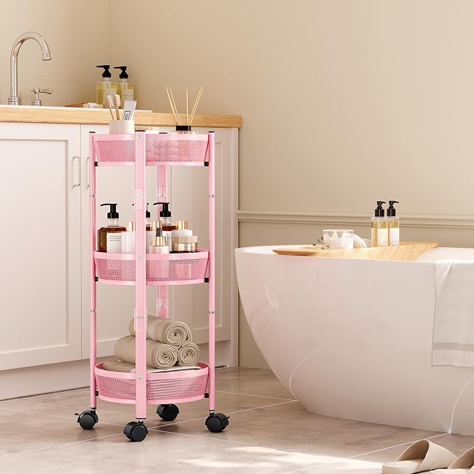 TOOLF 3 Tier Foldable Rolling Cart, Metal Utility Storage Cart, Pink | Assembly-Free, Lockable Wheels, Round Trolley Organizer for Bathroom, Kitchen, Office, Dorm, Laundry, Craft Room