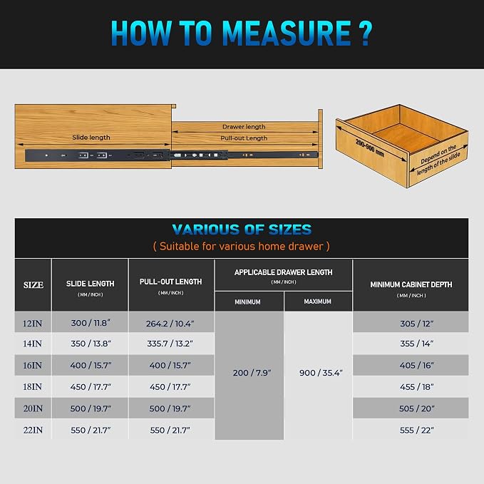 20 Inch Full Extension Drawer Slides, Heavy Duty Side Mount, 6 Pairs, Black | Soft Close Drawer Slides, Steel Ball Bearing Design, 6 Pair/12 Slides, Screws Included, Cabinet, Dresser and Toolbox Use