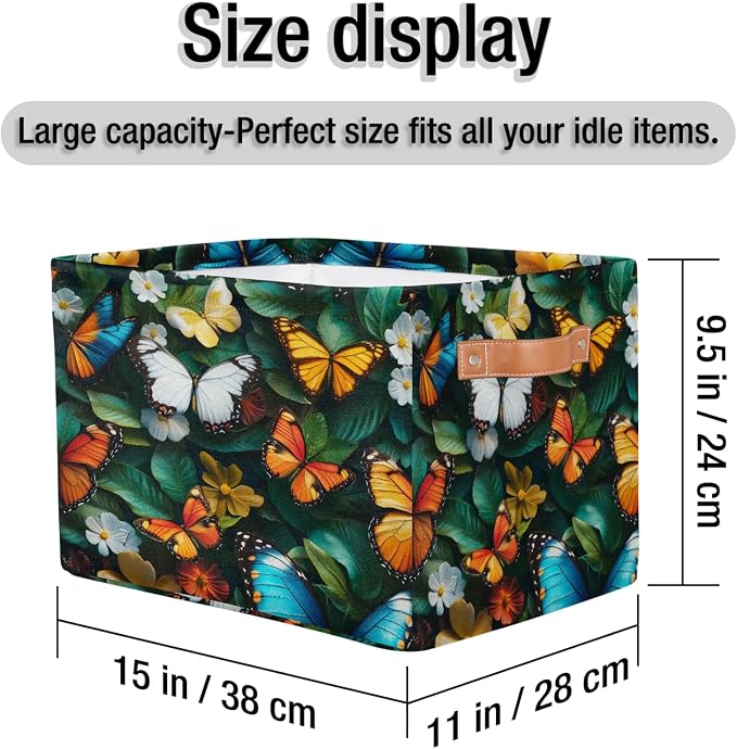 Butterfly Storage Baskets with Handles Fabric Storage Boxes Collapsible Nursery Basket for Shelf Book Cloth 15 X 11 X 9.5 IN Closet Organizer Bins