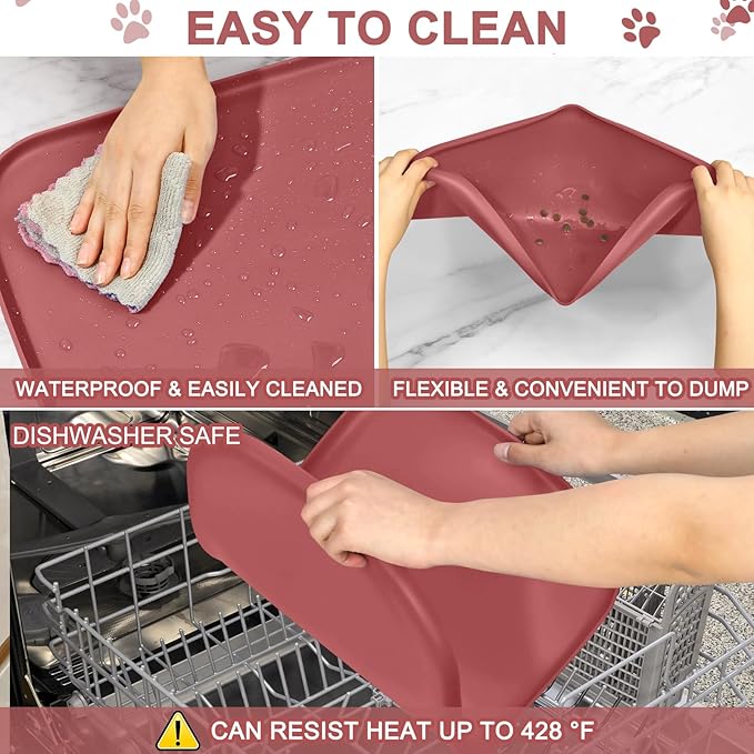 Smilool Silicone Pet Food Mat with Raised Edge for Food and Water Bowl, Dog Feeding Mats, Cat Food Trays for Floor Waterproof, Rubber Tray for Dogs and Cats, 22 x 14 x 0.8 Erythrinus