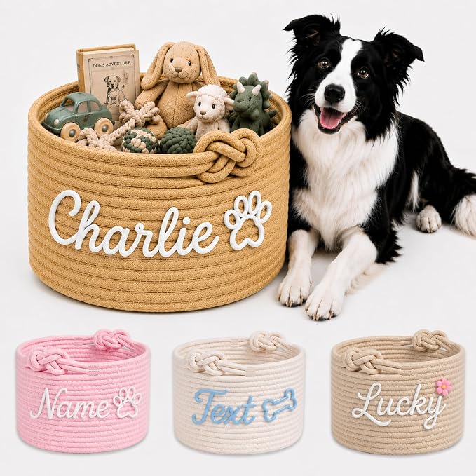 Personalized Dog Toy Basket with Name, Custom Puppy & Kitten Toy Storage Bins, Personalized Cute Handmade Cotton Rope Organizer for Snacks, Pet Supplies, Birthday Gifts Basket for Pets (A1)