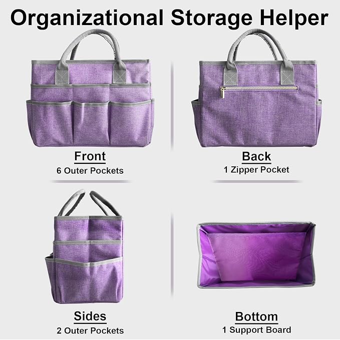Cupohus Craft Organizer Tote Bag, Purple Sewing Bag for Art | Supply Storage Bags with Pockets and Handles, Oxford Fabric Carrying Caddy for Teacher, Officer, Artist, Traveler, and More