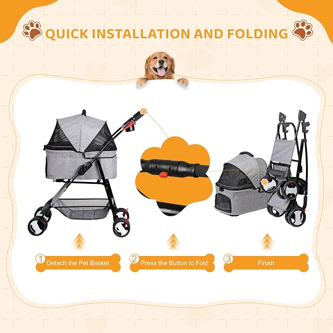 ZENY Pet Stroller, 3 in1 Foldable Dog Cat Jogger Stroller with 4 Wheels | Detachable Basket and Cup Holder, Travel Folding Carrier for Small/Medium Pet (Gray)