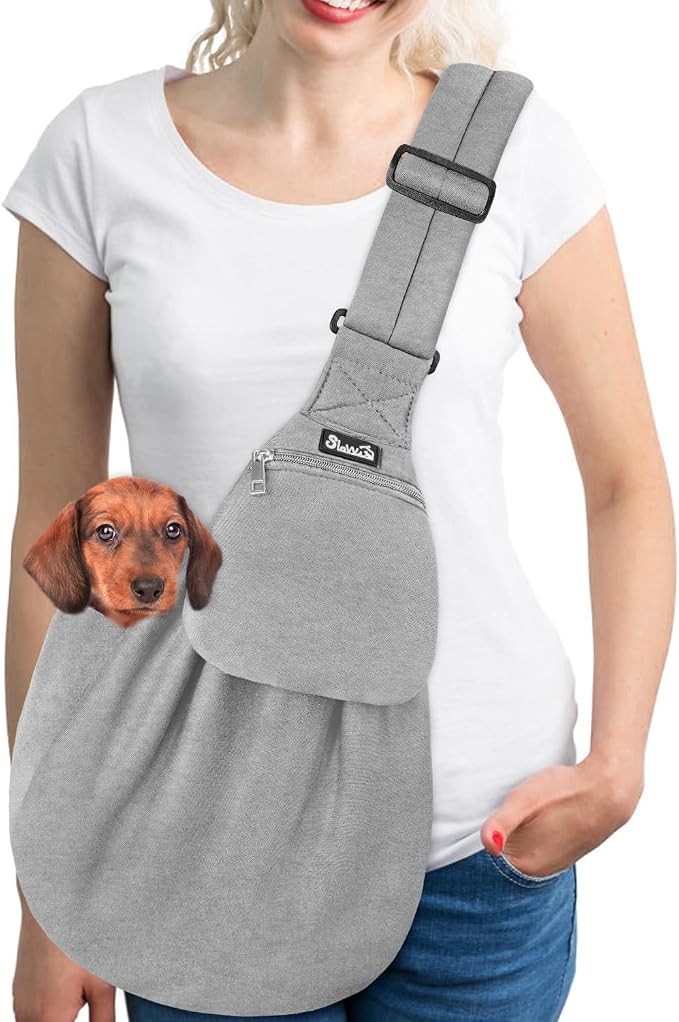 Lukovee Pet Sling, Puppy Small Pet Cat Carrier with Safety Hook | Hands-Free,Padded Strap, Breathable, Adjustable, Storage Pocket, Tote Bag Shoulder Bag with Front Pocket (Grey-WY,L)