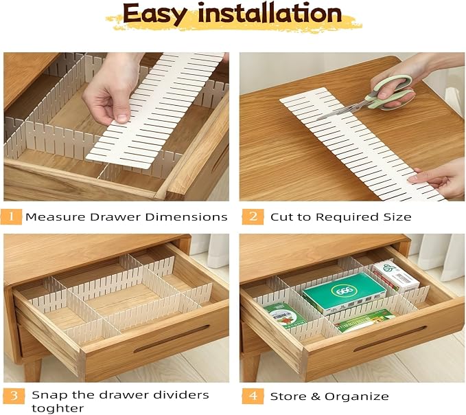 8 PCS Drawer Dividers, Adjustable Plastic DIY Organizer Separators for Socks, Underwear and Makeup, Ideal for Kitchen, Bedroom and Dresser Storage