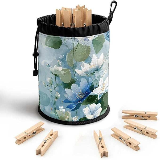 Floral Print Portable Clothespin Bag, Drawstring Laundry Peg Organizer with Hanging Loop, Compact Storage Pouch for Clips, Ideal for Camping Trips, Home Drying Rack, RV
