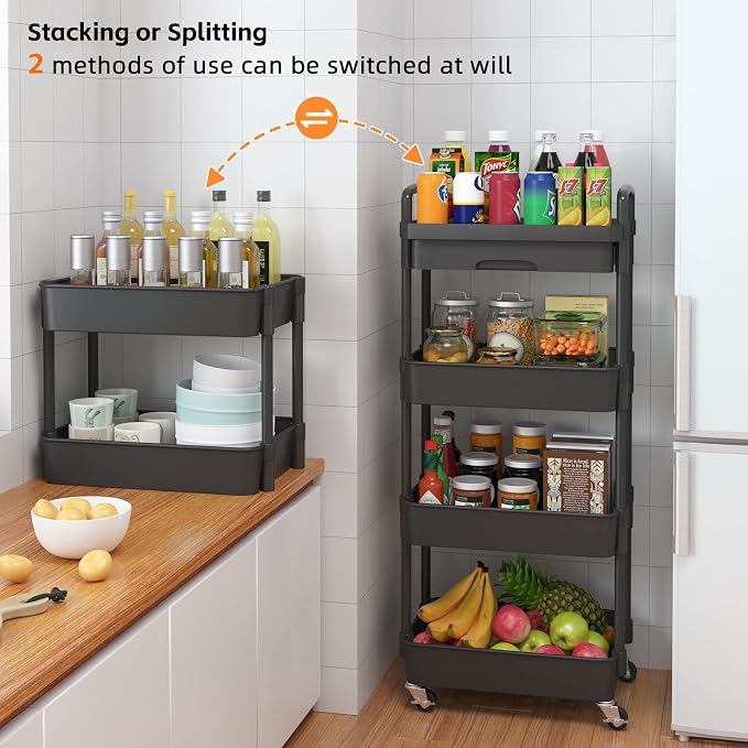 Calmootey 4-Tier Utility Cart with Drawer & Wheels, Storage for Home,Office | Space-Saving Organizer, Sturdy Plastic Shelves, Smooth-Rolling Metal Wheels, Built-in Drawer for Small Items, Black