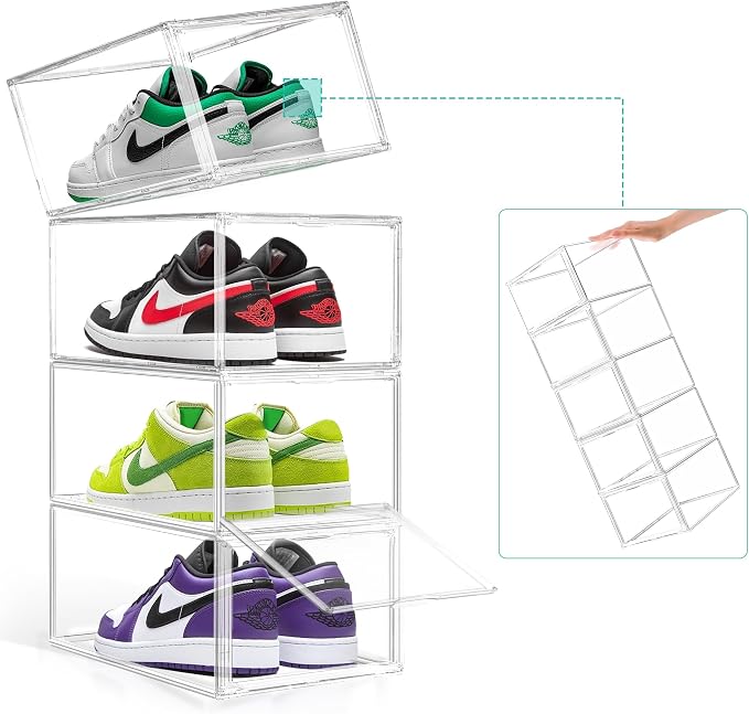 12 Pack Drop-Front Clear Acrylic Shoe Organizer, Fits Shoe Box Size 13 | Stackable Shoe Tower with Magnetic Door Large Storage Bins for Sneaker Containers Display & Closet Organization
