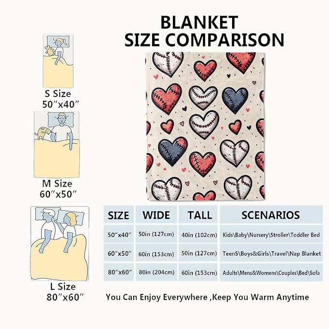 Baseball Hearts Blanket Sport Lovers Throw Blankets Gifts for Kids Adult Lightweight Soft Fleece Cozy for Sofa Couch Bed Room Travel Birthday Party Decor 50x60in
