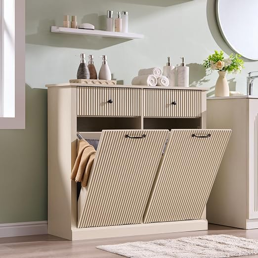 IFGET Double Tilt-Out Trash Cabinet, Fluted Laundry Hamper Cabinet, Cream