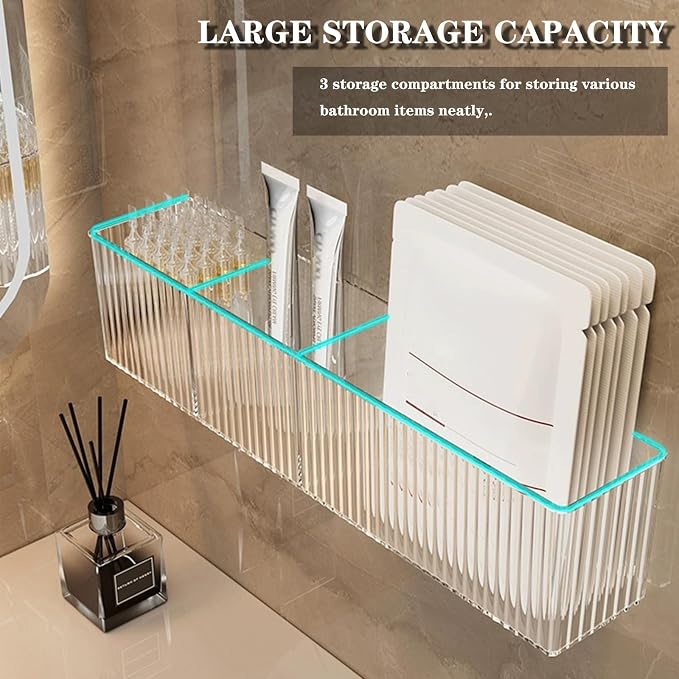 Lae Nuvole Wall Organizer, 2-Pack Clear Adhesive Shelves for Narrow Space | 3 Compartments, Slim 2.28" Depth, No-Drill Adhesive Mount, renter friendly, for Bathroom Vanity, Office, Cabinet Door