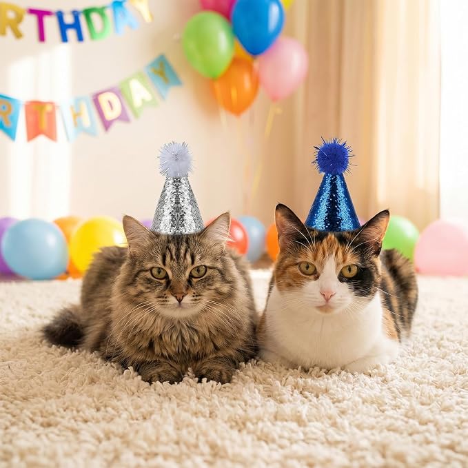 10 Pack Mini Dog Birthday Hats, Mini Party Hats for Small Dog & Cat, Small Party Hats for Stuffed Animals, Adjustable Tiny Pet Hats with Sequins for Birthday, Holiday & Costume Events