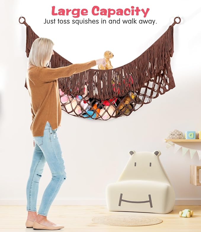 Stuffed Animal Hammock - Extra Large 63'' Long (Chocolate color) | Premium Cotton Hand-knitted, Beautiful Long Tassel, Storage Hanging Organizer, Can Fit Stuffed Animals 40 Piece or More