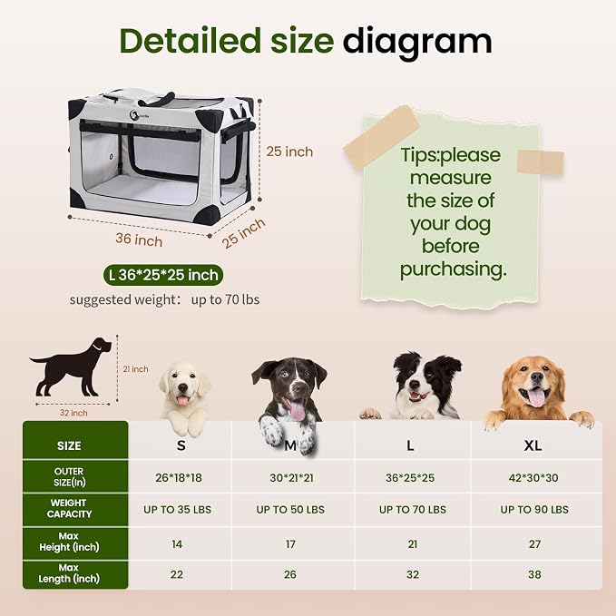 Portable Collapsible Soft Dog Crate for Large Dogs, 36in Grey | Oxford Cloth Travel Camping dog kennel with 4 Mesh Windows & 2 Storage Pockets,for Indoor & Outdoor Use