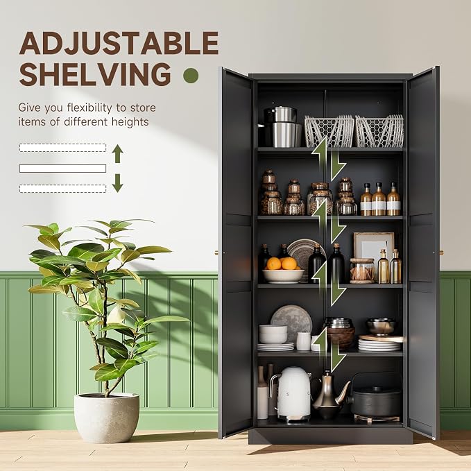 Black Storage Cabinet with Adjustable Shelves-Metal Home Kitchen Pantry Cabinets with Doors,Organization Locker for Cupboard/Bedroom/Dining/Living/Bathroom/Office/Garage Room