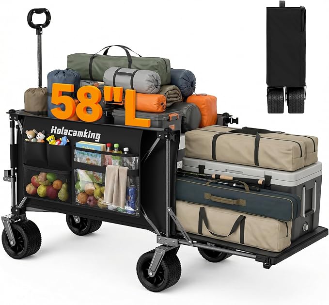 58" L Extender Collapsible Wagon, Extra Long with Tailgate | Foldable Wagon Cart, Heavy Duty Rolling Utility Cart with All-Terrain Big Wheels for Camping Shopping Sports Beach, Black