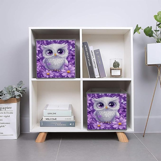 Owl & Floral Foldable Storage Bins, 10.6" Cube Storage Organizer, Sturdy Oxford Cloth Fabric Baskets for Closet, Shelf, Nursery, Bedroom, Decorative Printed Box for Toys & Clothes