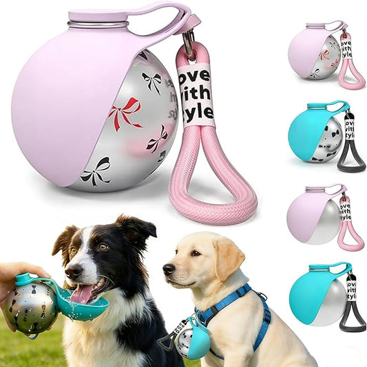 2 In 1 Portable Dog Water Bottle with Foldable Silicone Bowl, 10 Oz Travel Water Bottle for Dogs Drinking, Leakproof Stainless Steel Pet Water Bowl for Outdoor Walking Hiking Camping (Pink with Print)