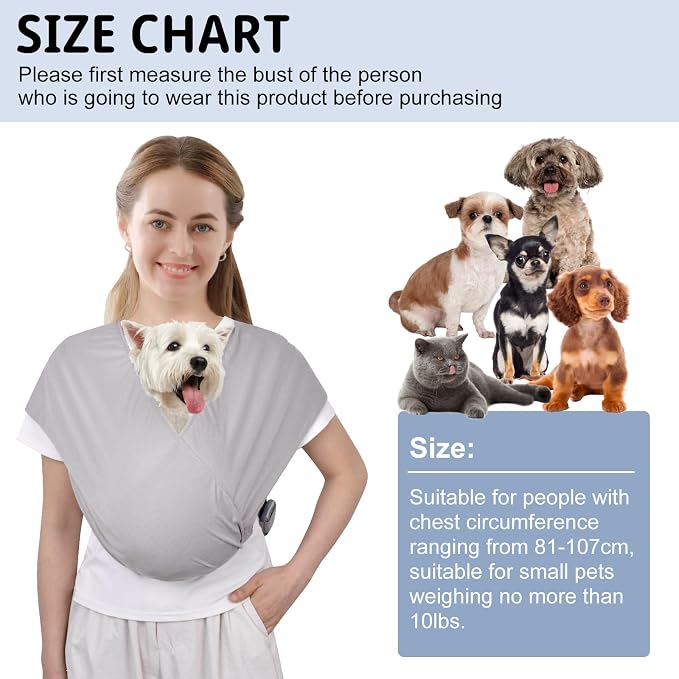 Swaddle Dog Sling Carrier for Small Dogs, Front Pet Sling Carrier Chest,Hands Free Adjustable Cat Sling Carrier Soft Cotton Reducing Pain Puppy Sling Carrier for Small Pet Up to 10lb (Light Gray)