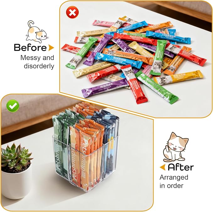 Lickable Cat Treats Organizer, Lazy Susan Acrylic Squeeze Up Cat Treats Storage Organizer with 4 Compartments, Wet Cat Food Storage Container for Kitchen Cabinet Pantry Shelf Countertop（Square）